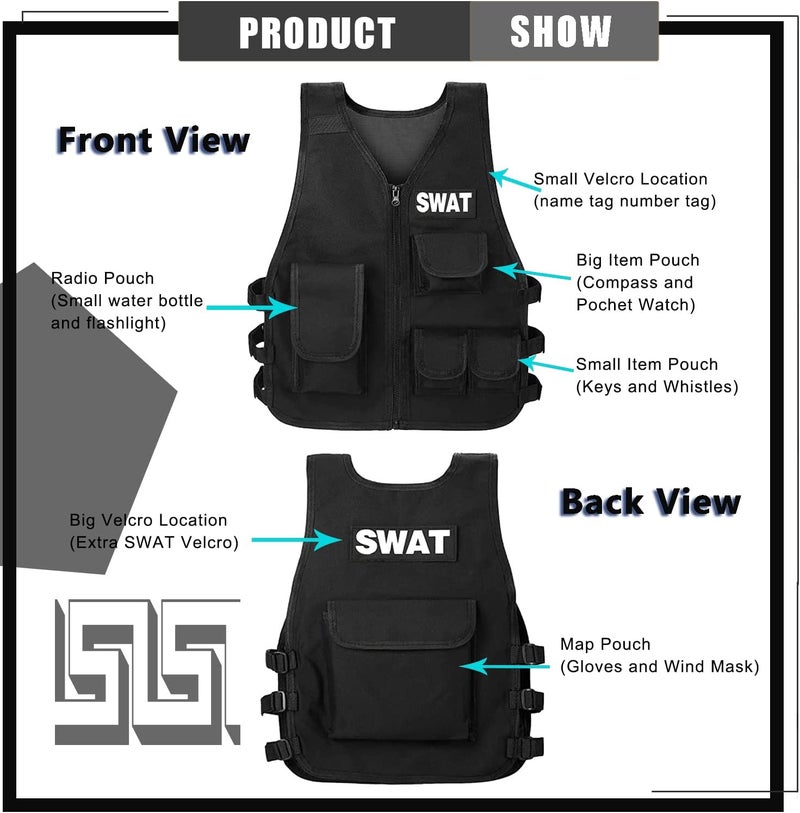 Green Bean Kids Outdoor Tactical Vest, Children's Combat Vest Adjustable Breathable Vest with Kids Half Finger Short Gloves - Image 3